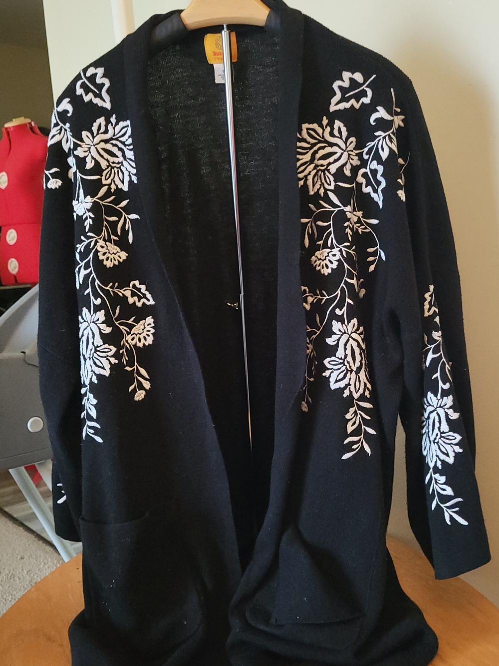 Black Floral Embroidered Open-Front Women's Sweater Cardigan